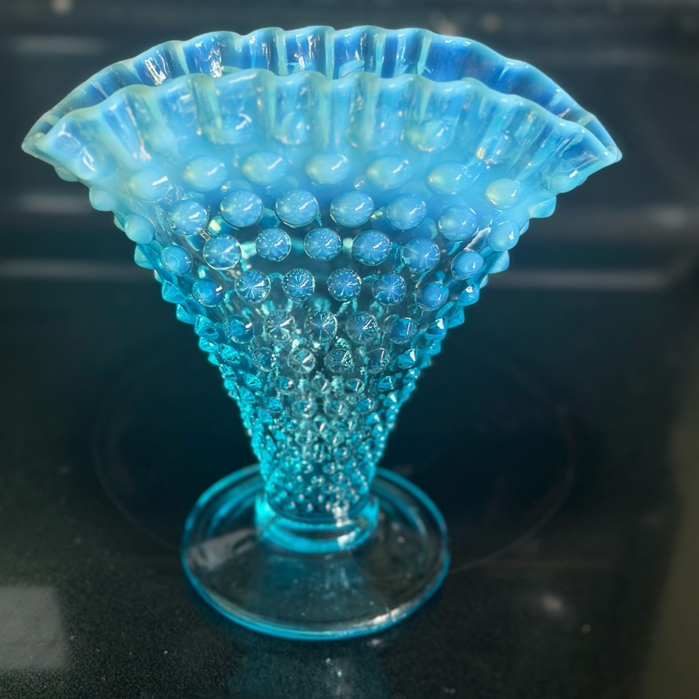 Fenton Aqua Hobnail Ruffled Vase